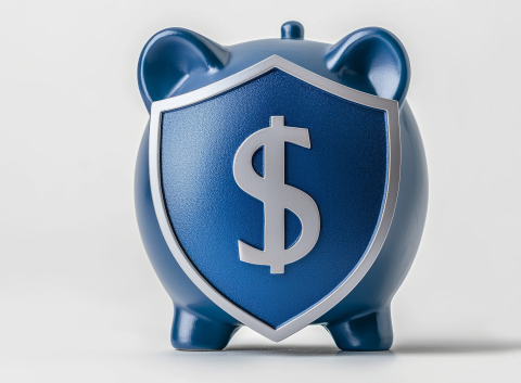 Blue piggy bank with a shield and dollar sign symbol on the front