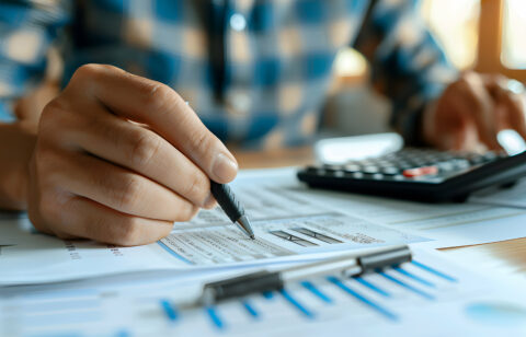 Close-up of a person reviewing financial documents with a pen and calculator on a desk.