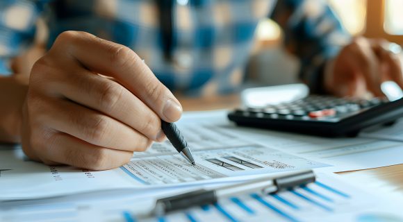Close-up of a person reviewing financial documents with a pen and calculator on a desk.