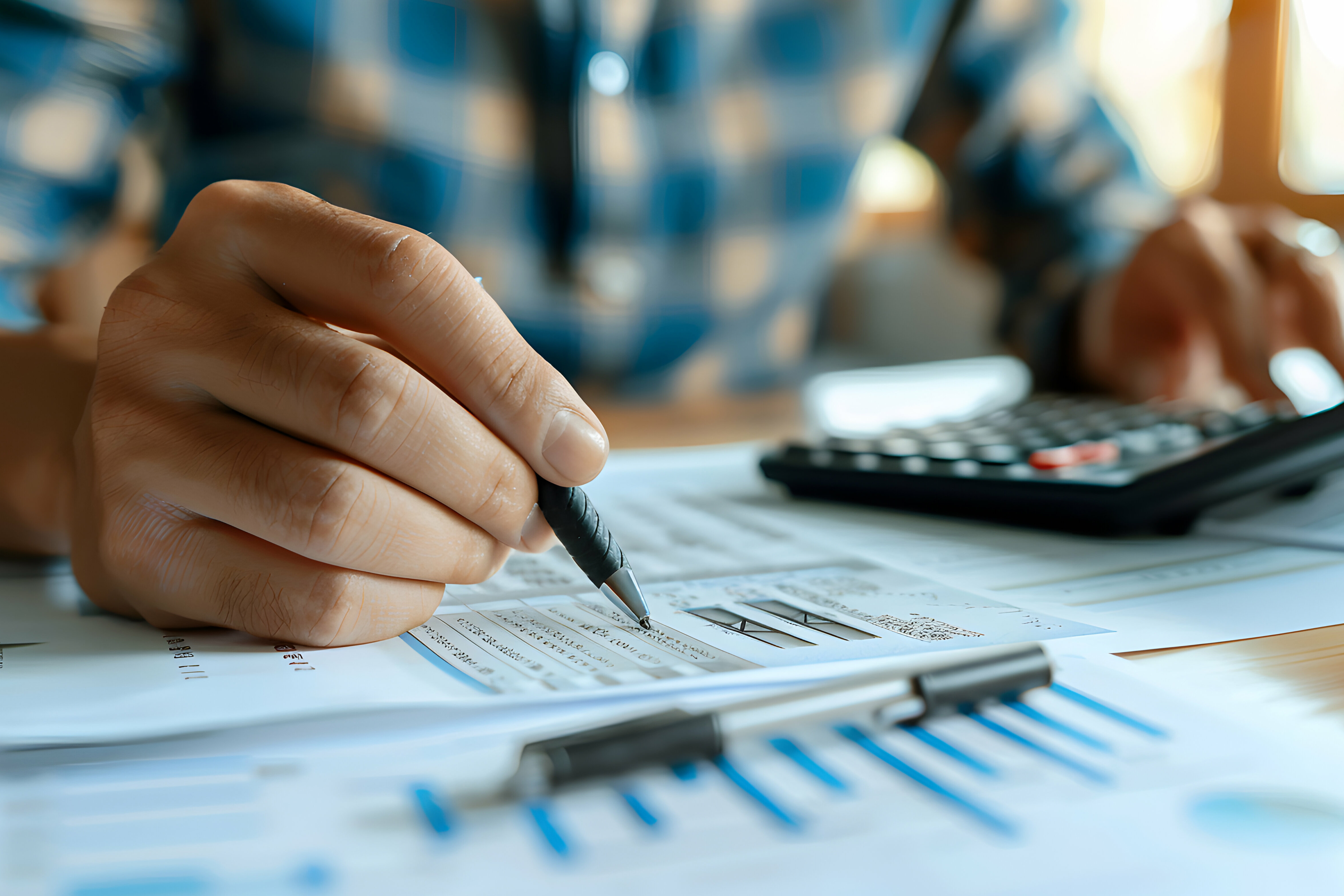 Close-up of a person reviewing financial documents with a pen and calculator on a desk.