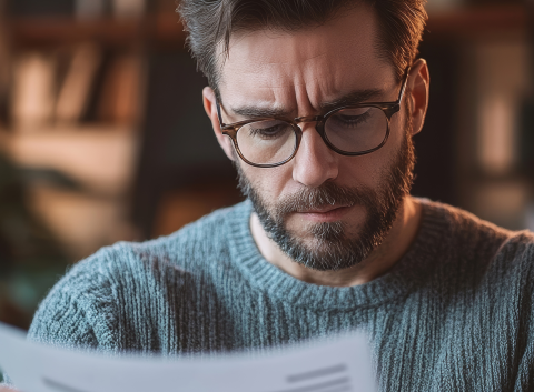 A concerned man wearing glasses and a sweater reading a document with a serious expression.