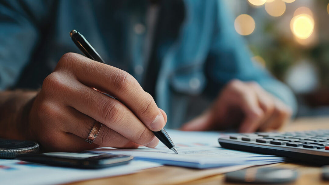 Close-up of a person writing on paper with a pen next to a calculator and smartphone.