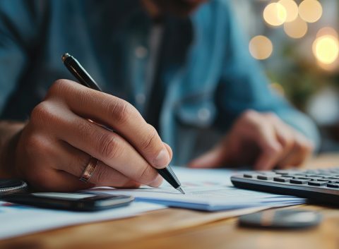 Close-up of a person writing on paper with a pen next to a calculator and smartphone.
