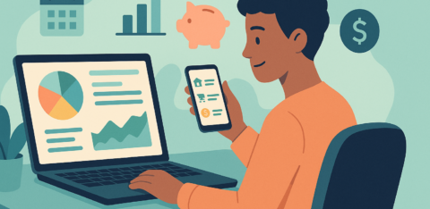 Illustration of a person using a laptop and smartphone to manage finances, with charts, graphs, and money icons in the background.