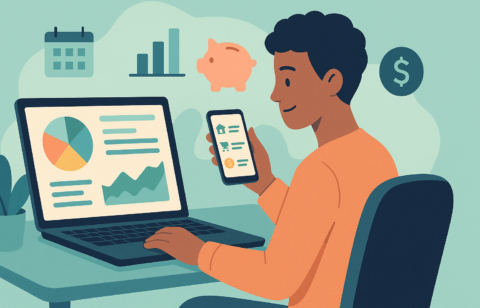 Illustration of a person using a laptop and smartphone to manage finances, with charts, graphs, and money icons in the background.