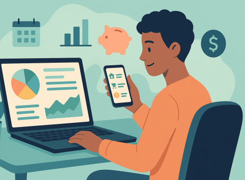 Illustration of a person using a laptop and smartphone to manage finances, with charts, graphs, and money icons in the background.