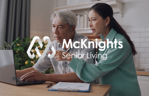 Older couple reviewing information on a laptop in a kitchen setting, with McKnights Senior Living logo overlayed.